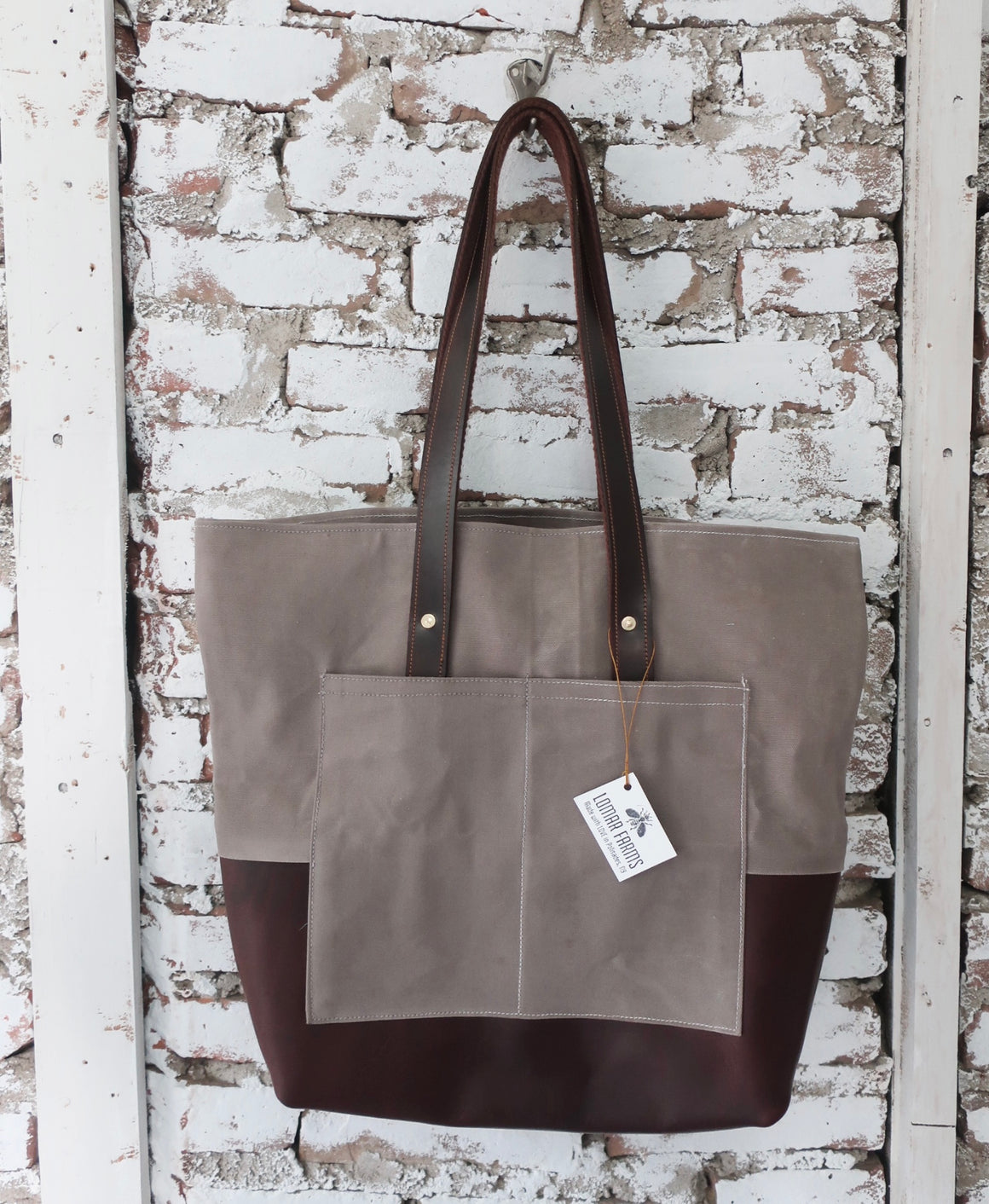 " Athena" Farm Bag (Army Grey Bees Waxed Canvas With Brown Leather Bottom & Straps)