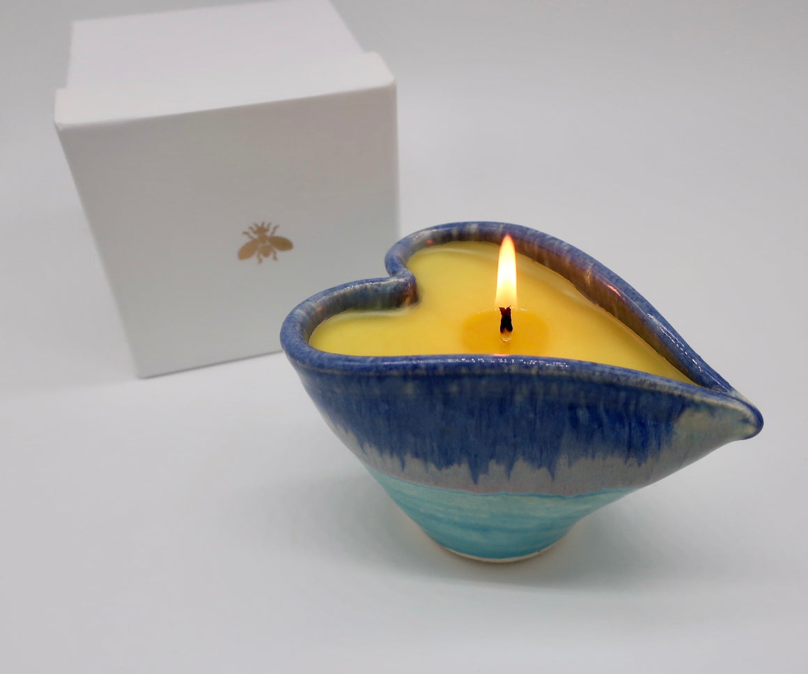 Lavender Massage Oil Candle in Ocean Blue Heart shaped Pottery